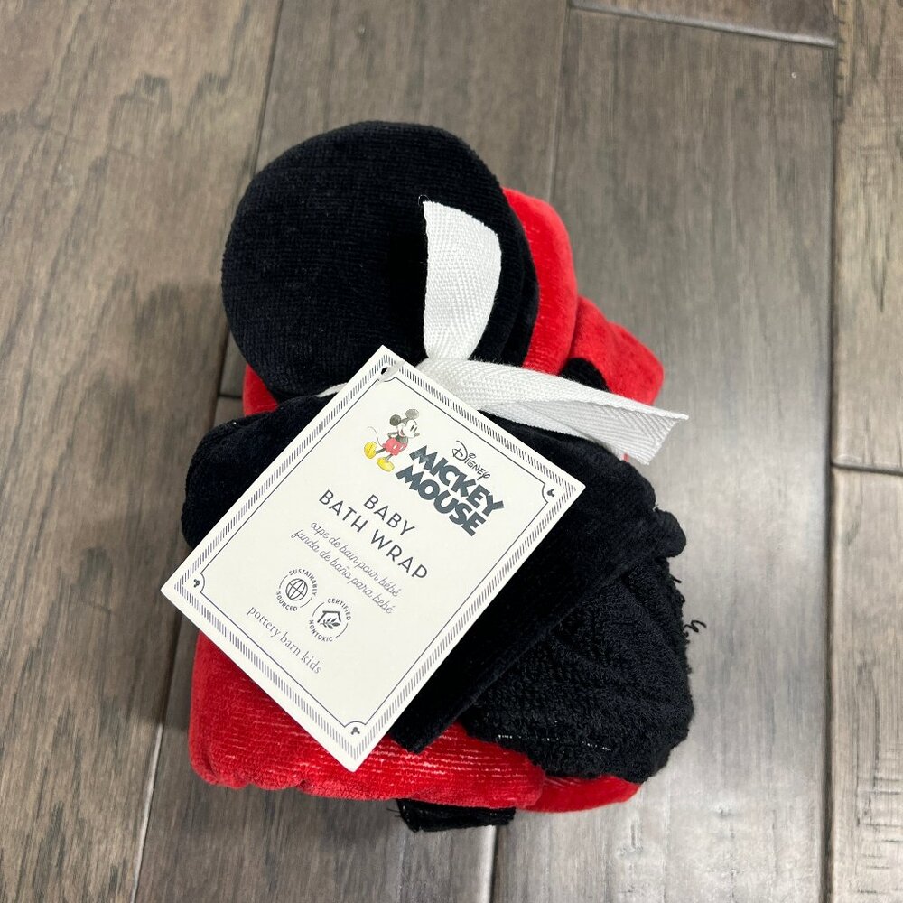 Pottery Barn NWT Disney Mickey Mouse Baby Bath Hooded Towel Wrap with Ears - Picture 2 of 3